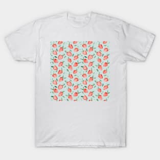 Watercolor painting of tropical strawberries on light greenish blue background T-Shirt